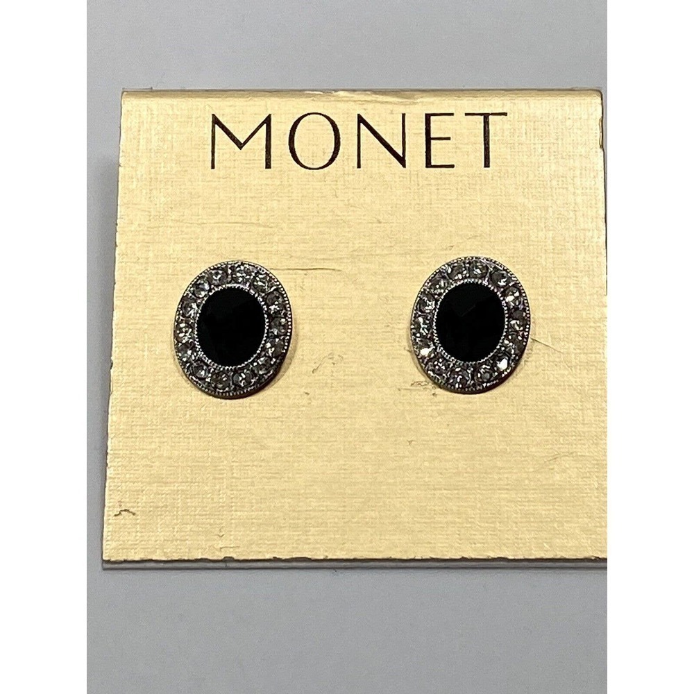 Monet Earrings Black Clear Rhinestones Costume Jewelry Signed